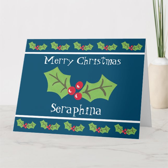 Personalized Christmas Holly & Berries Card (Front)