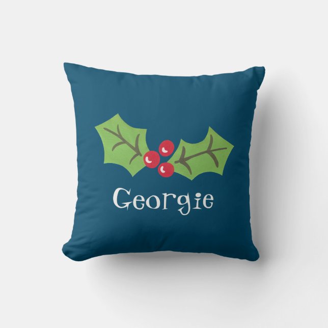 Personalized Christmas Holly & Berries Cushion (Front)