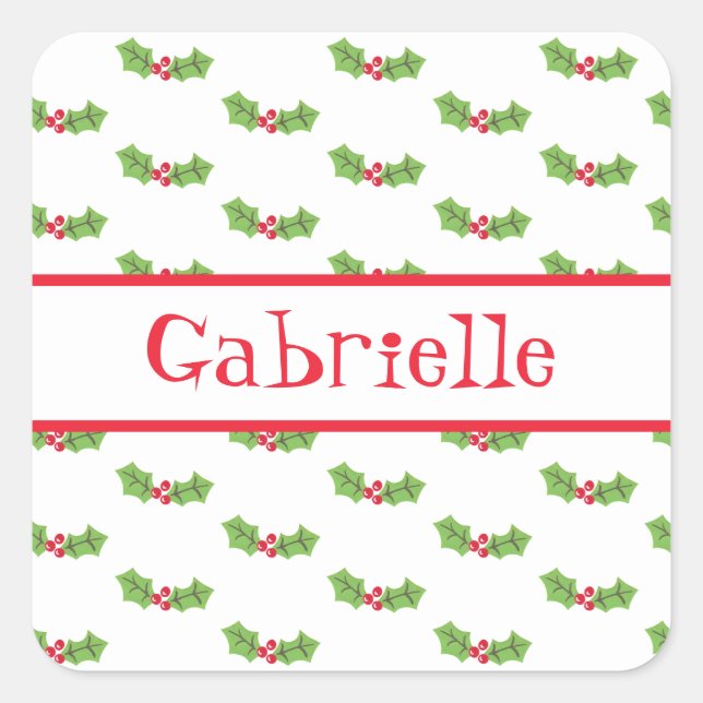 Personalized Christmas Holly & Berries Square Stic Sticker (Front)