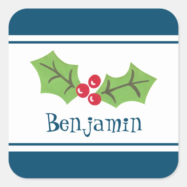 Personalized Christmas Holly & Berries Square Sticker (Front)