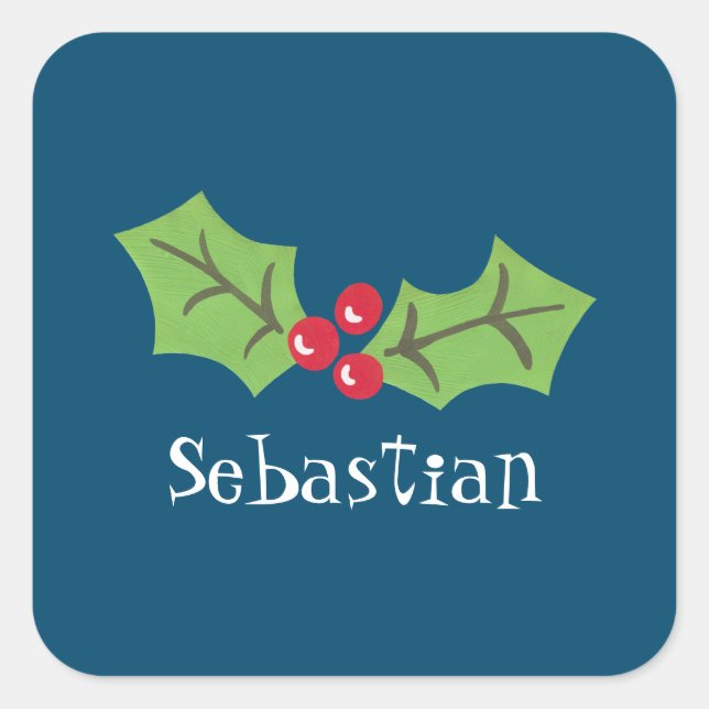 Personalized Christmas Holly & Berries  Square Sticker (Front)