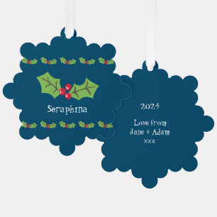 Personalized Christmas Holly & Berries Tree Decoration Card