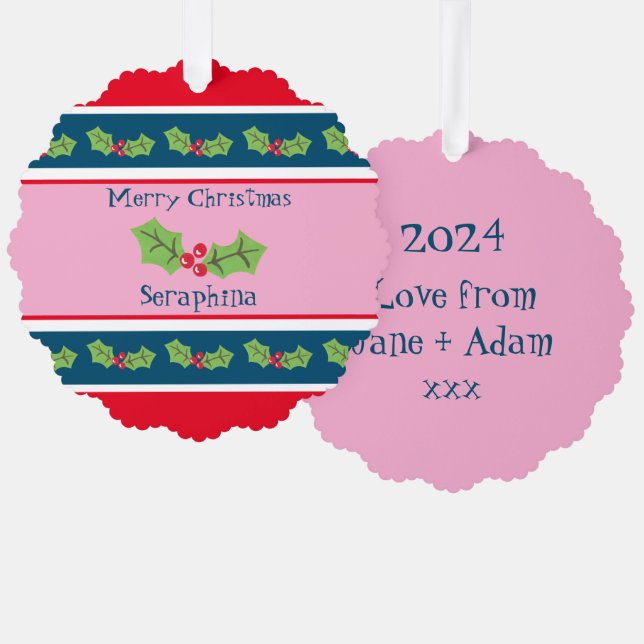 Personalized Christmas Holly & Berries Tree Decoration Card (Front/Back)