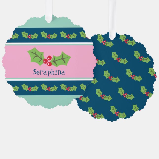 Personalized Christmas Holly & Berries Tree Decoration Card (Front/Back)