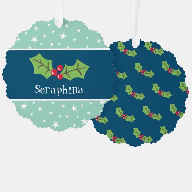 Personalized Christmas Holly & Berries Tree Decoration Card (Front/Back)