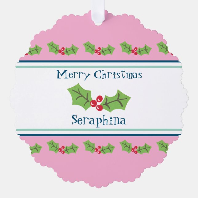 Personalized Christmas Holly & Berries Tree Decoration Card (Front)