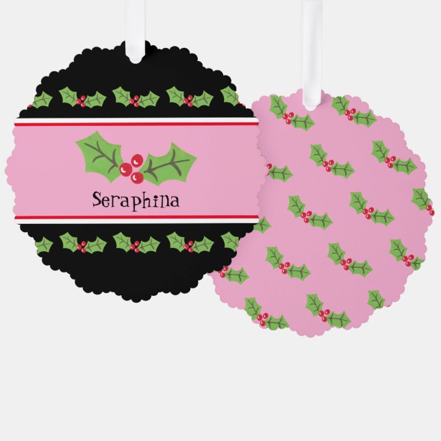 Personalized Christmas Holly & Berries Tree Decoration Card (Front/Back)