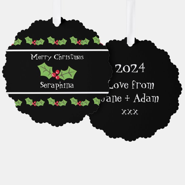 Personalized Christmas Holly & Berries Tree Decoration Card (Front/Back)