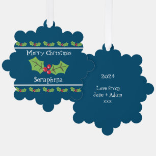 Personalized Christmas Holly & Berries Tree Decoration Card