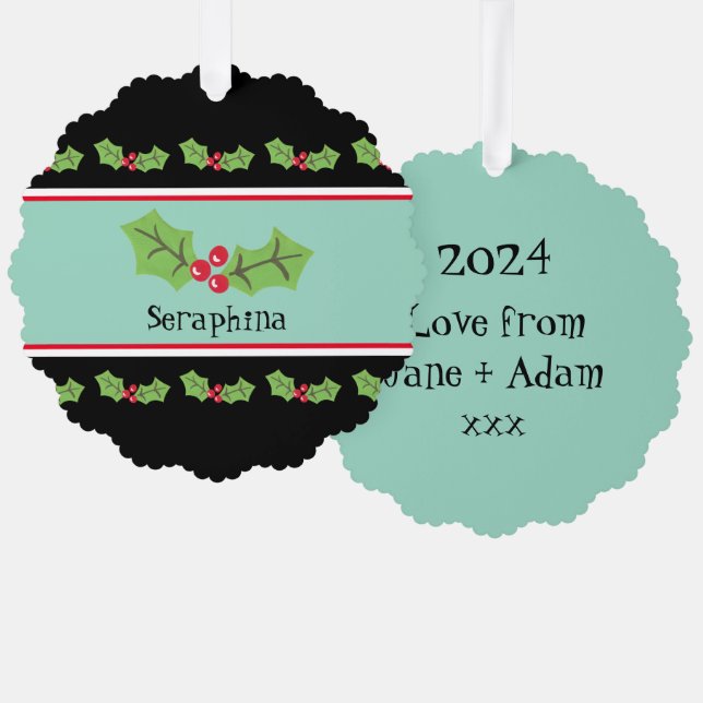 Personalized Christmas Holly & Berries Tree Decoration Card (Front/Back)