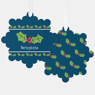 Personalized Christmas Holly & Berries Tree Decoration Card