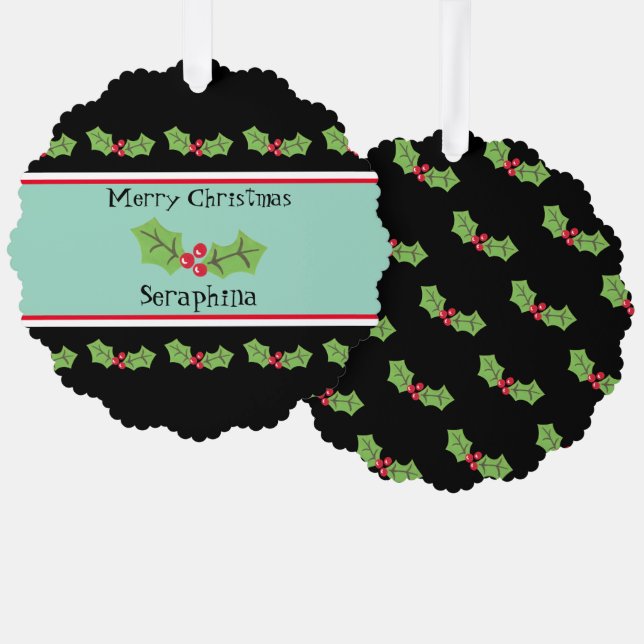 Personalized Christmas Holly & Berries Tree Decoration Card (Front/Back)