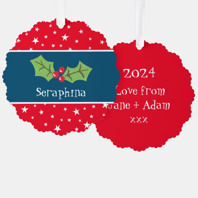 Personalized Christmas Holly & Berries Tree Decoration Card (Front/Back)