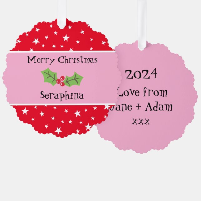Personalized Christmas Holly & Berries Tree Decoration Card (Front/Back)