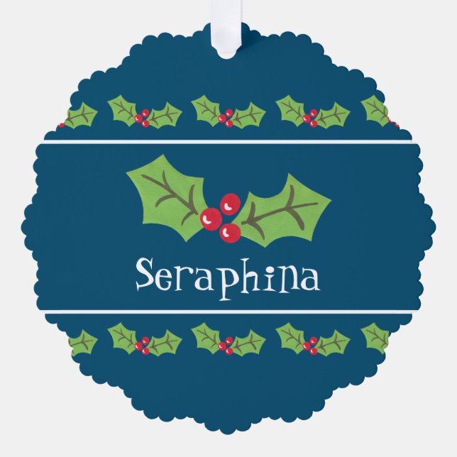 Personalized Christmas Holly & Berries Tree Decoration Card (Front)