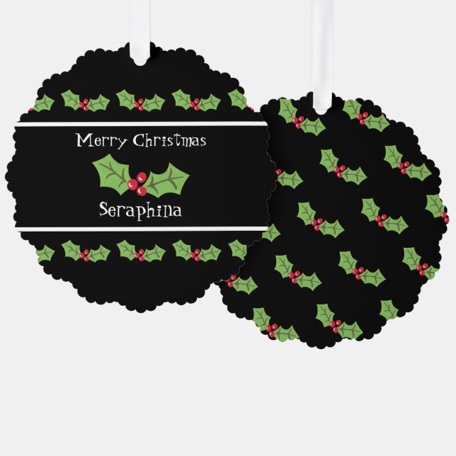 Personalized Christmas Holly & Berries Tree Decoration Card (Front/Back)