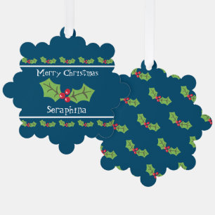 Personalized Christmas Holly & Berries Tree Decoration Card