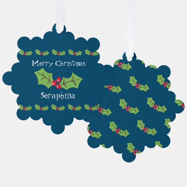 Personalized Christmas Holly & Berries Tree Decoration Card (Front/Back)