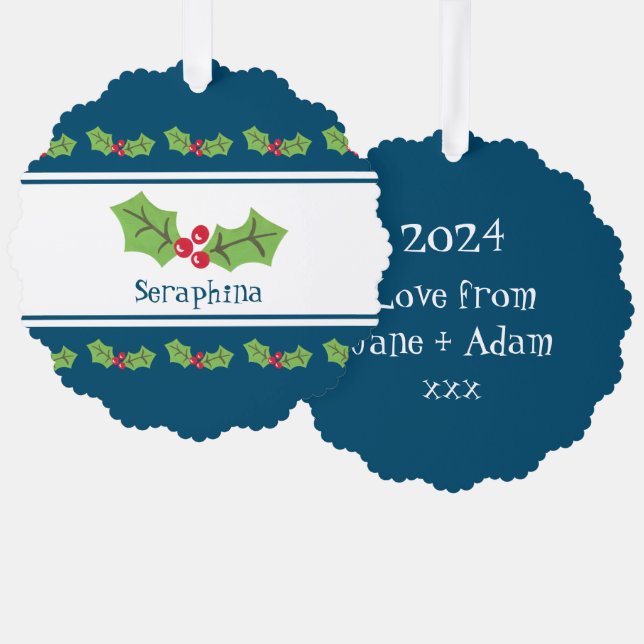 Personalized Christmas Holly & Berries Tree Decoration Card (Front/Back)