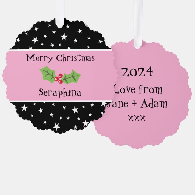Personalized Christmas Holly & Berries Tree Decoration Card (Front/Back)
