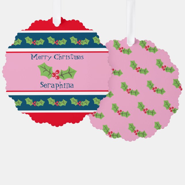 Personalized Christmas Holly & Berries Tree Decoration Card (Front/Back)