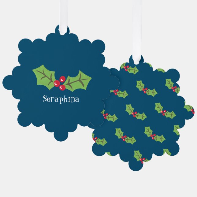 Personalized Christmas Holly & Berries Tree Decoration Card (Front/Back)
