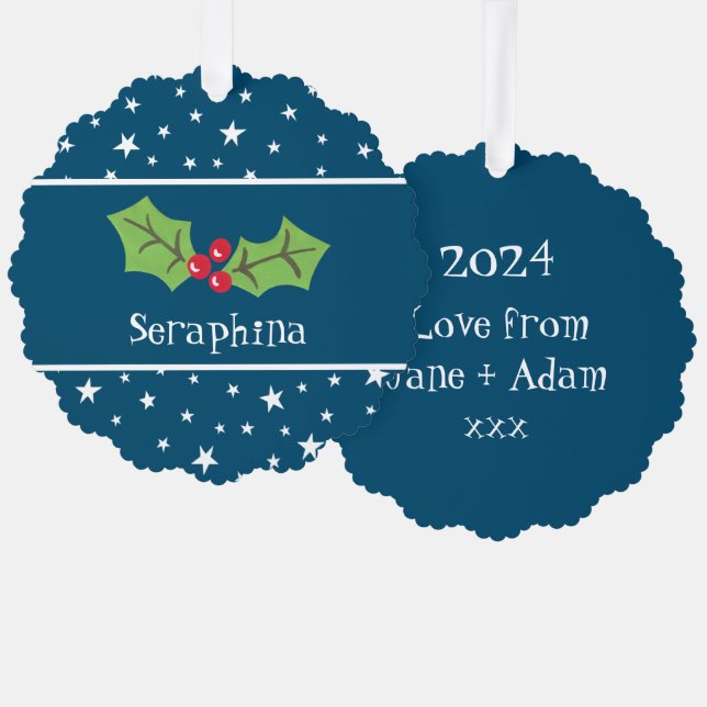 Personalized Christmas Holly & Berries Tree Decoration Card (Front/Back)