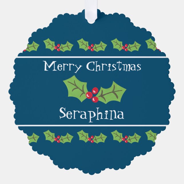 Personalized Christmas Holly & Berries Tree Decoration Card (Front)