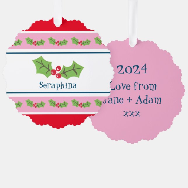 Personalized Christmas Holly & Berries Tree Decoration Card (Front/Back)
