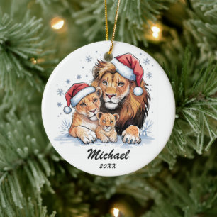 Personalized Christmas lion family with Santa Hat  Ceramic Tree Decoration