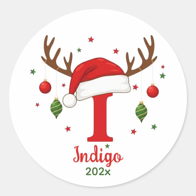 Personalized Christmas Monogram I Santa Hat Classic Round Sticker (Front)