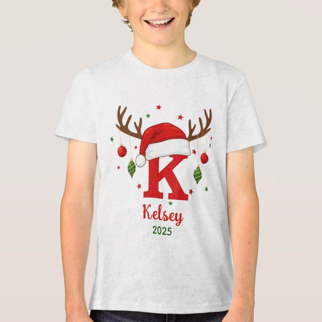 Personalized Christmas Monogram K Santa Hat Tri-Blend Shirt (Front)