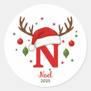 Personalized Christmas Monogram N Santa Hat Classic Round Sticker