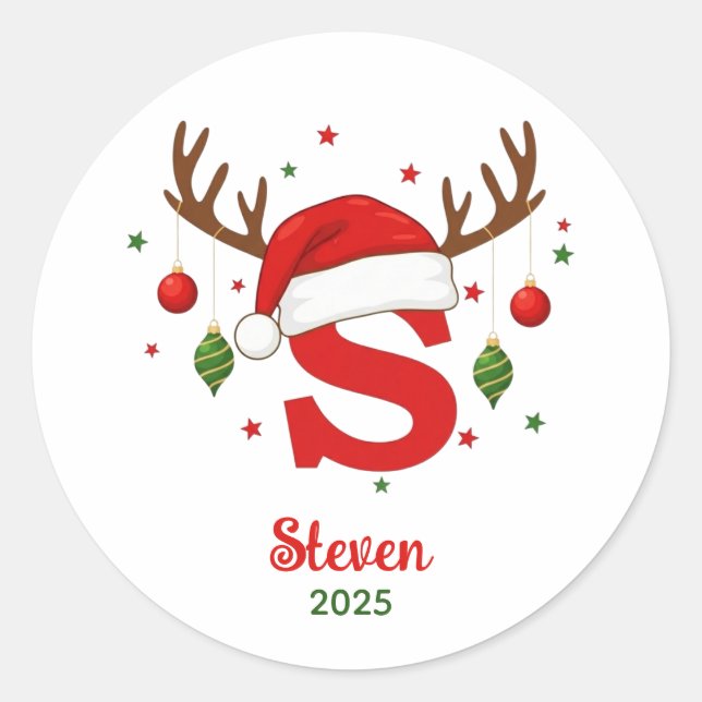 Personalized Christmas Monogram S Santa Hat Classic Round Sticker (Front)