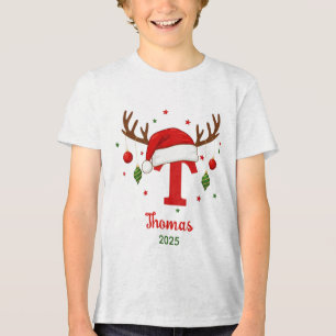 Personalized Christmas Monogram T Santa Hat Tri-Blend Shirt