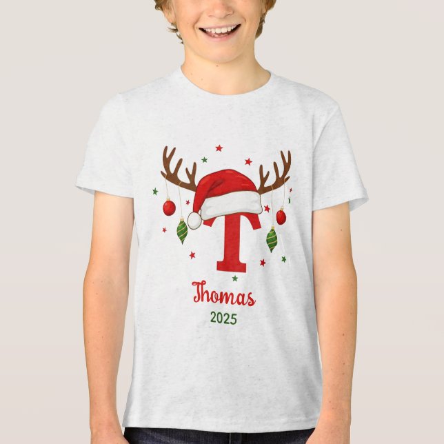Personalized Christmas Monogram T Santa Hat Tri-Blend Shirt (Front)
