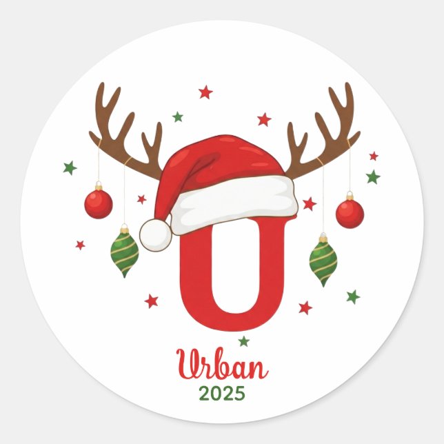 Personalized Christmas Monogram U Santa Hat Classic Round Sticker (Front)