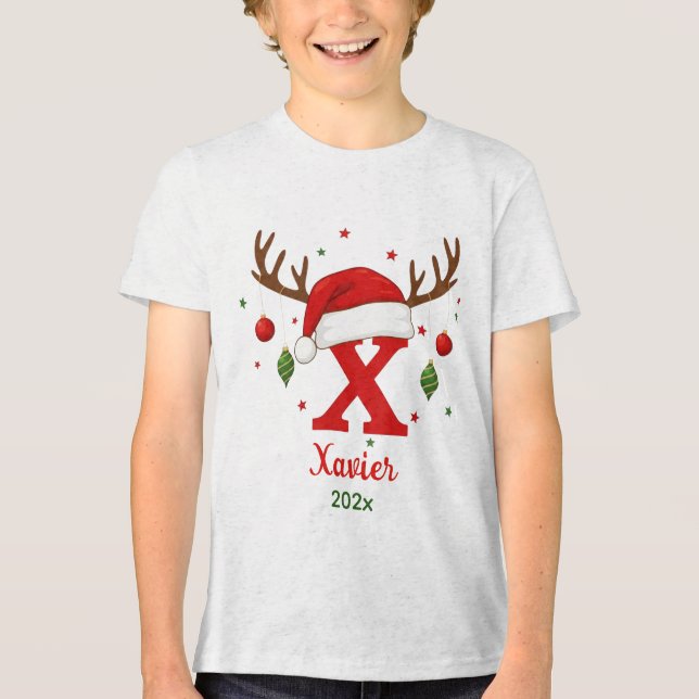 Personalized Christmas Monogram X Santa Hat Tri-Blend Shirt (Front)