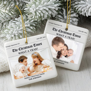 Personalized Christmas Newspaper Double Photo Ceramic Ornament