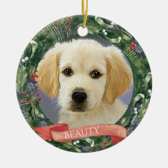 Personalized Christmas Pet Photo Wreath Ceramic Tree Decoration (Front)