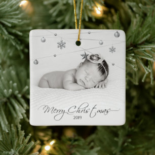 Personalized Christmas Photo and Calligraphy Ceramic Ornament