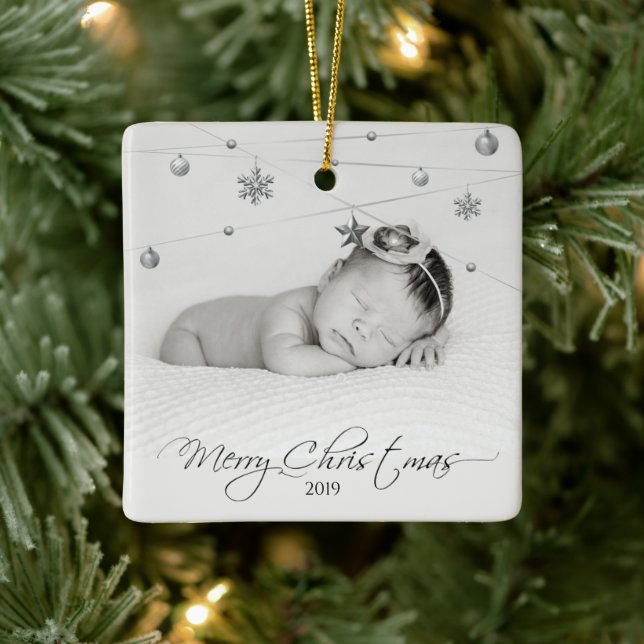 Personalized Christmas Photo and Calligraphy Ceramic Ornament (Tree)