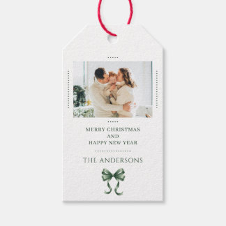 Personalized Christmas Photo Green Bow Modern Gift Tags
