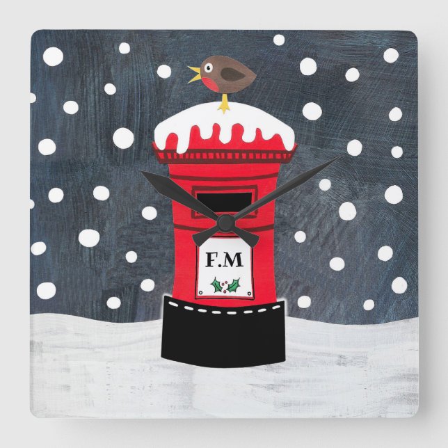 Personalized Christmas Post Box & Robin Square Wall Clock (Front)