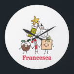 Personalized Christmas Pudding Candy Cane Snowman Large Clock<br><div class="desc">This personalized Christmas clock features the 'Christmas Crew'. A group of cute little Christmas characters that love to have fun and make mischief at Christmas.
The crew includes,  Snowman,  Christmas Stocking,  Star,  Christmas Pudding,  Present and Candy Cane.</div>