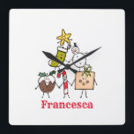 Personalized Christmas Pudding Candy Cane Snowman Square Wall Clock<br><div class="desc">This personalized Christmas clock features the 'Christmas Crew'. A group of cute little Christmas characters that love to have fun and make mischief at Christmas.
The crew includes,  Snowman,  Christmas Stocking,  Star,  Christmas Pudding,  Present and Candy Cane.</div>