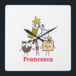 Personalized Christmas Pudding Candy Cane Snowman Square Wall Clock<br><div class="desc">This personalized Christmas clock features the 'Christmas Crew'. A group of cute little Christmas characters that love to have fun and make mischief at Christmas.
The crew includes,  Snowman,  Christmas Stocking,  Star,  Christmas Pudding,  Present and Candy Cane.</div>