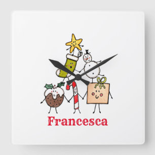 Personalized Christmas Pudding Candy Cane Snowman Square Wall Clock
