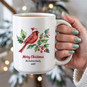 Personalized Christmas Red Cardinal & Berries Coffee Mug