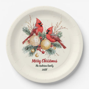 Personalized Christmas Red Cardinal & Berries Paper Plate